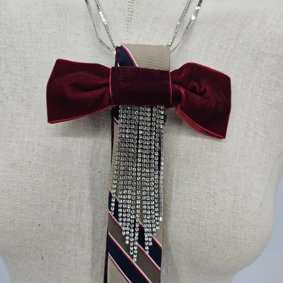 Upcycled Holiday Velvet Stripe Rhinestone Necktie Necklace - Picture 2 of 3
